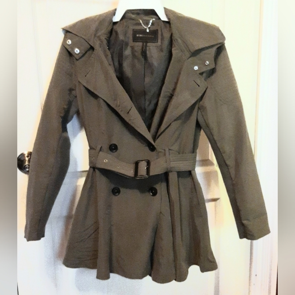 Size s BCBG Maxazria army green hooded belted peplum trench jacket